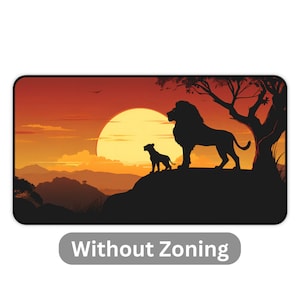 May include: Silhouette of two lions against a sunset backdrop. The larger lion stands on a hilltop with a smaller lion beside it. The sun is setting behind them, casting a warm orange glow over the savanna.