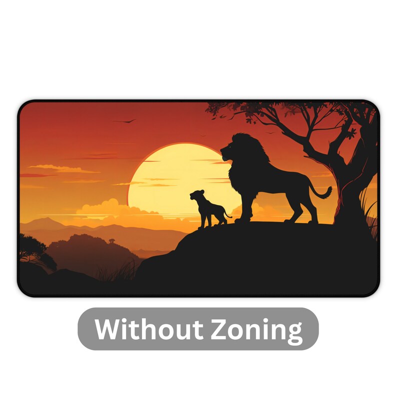 May include: Silhouette of two lions against a sunset backdrop. The larger lion stands on a hilltop with a smaller lion beside it. The sun is setting behind them, casting a warm orange glow over the savanna.