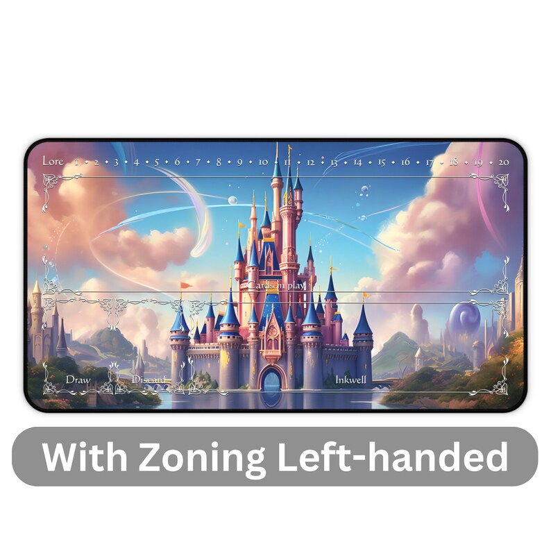 May include: A rectangular playmat featuring a fairytale castle scene with a pink and blue color scheme. The mat has zones labeled "Draw", "Discard", and "Inkwell", with a "Lore" counter. The text "With Zoning Left-handed" is at the bottom.