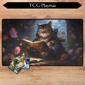 Tapis de jeu MTG | 24 x 14 po. | Chat commandant sorcier | Zonage en option | Tapis de jeu JCC | Magic the Gathering | MdD | Tapis de jeu | Cadeau MTG