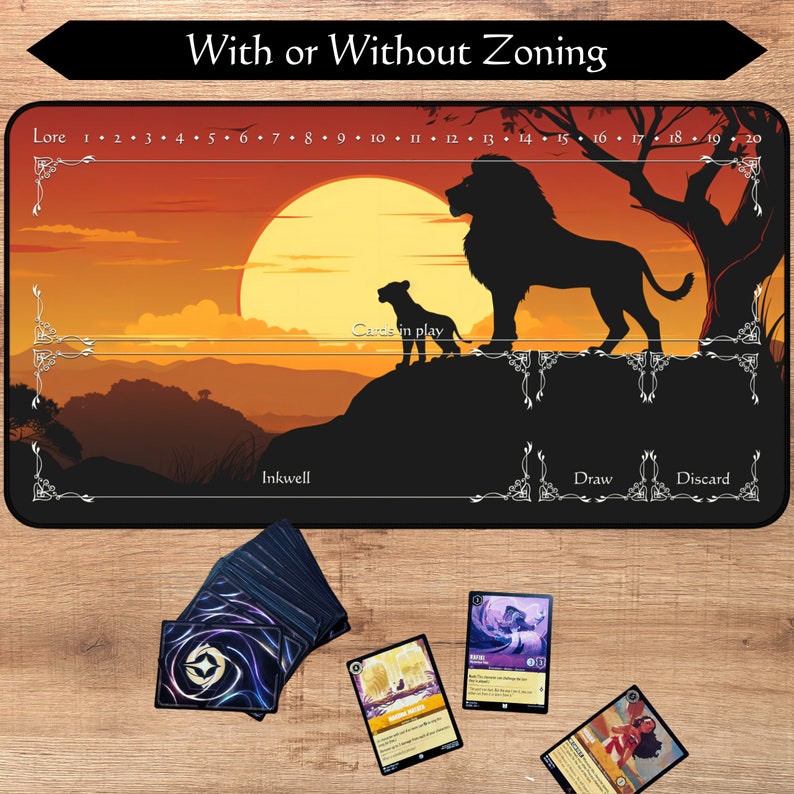 May include: A black and white illustration of a lion and a lion cub on a hilltop against a sunset background. The illustration is on a black playmat with a white border and the words "With or Without Zoning" at the top. The playmat has a numbered track along the top and the words "Lore", "Inkwell", "Cards in play", "Draw", and "Discard" along the bottom.