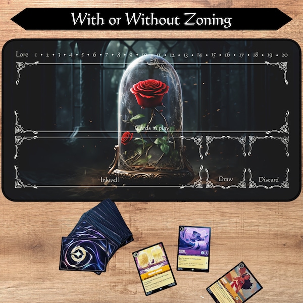 Lorcana Playmat With or Without Zoning | Enchanted Rose | TCG Playmat | Trading Card Game play mat | 12x22 and 31x15.5 inch