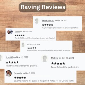 May include: A collection of customer reviews for a playmat with five-star ratings and positive comments. The reviews highlight the quality, speed of shipping, and overall satisfaction with the product.