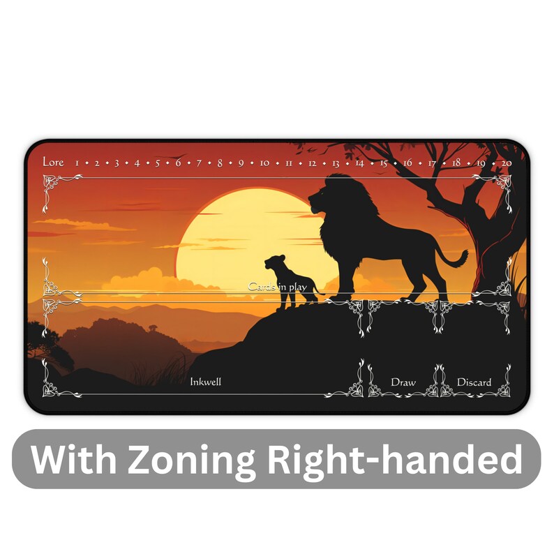 May include: A black and white illustration of a lion and a lion cub standing on a rock against a sunset background. The illustration is on a black playmat with a white border and the words "Lore", "Inkwell", "Cards in play", "Draw", and "Discard" printed on it. The numbers 1 through 20 are printed along the top of the playmat.