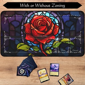 Tappetino da gioco Lorcana con o senza suddivisione in zone / Rosa a tema La bella e la bestia / Tappetino da gioco TCG / Tappetino da gioco per carte collezionabili / 12x22 e 31x15,5 pollici