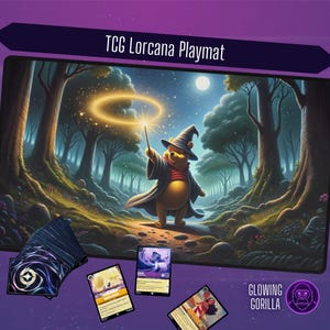 Tapis de jeu Lorcana Wizard Pooh, avec ou sans zonage, tapis de jeu TCG, tapis de jeu cousu 14 x 24 pouces, impression HQ