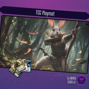 MTG Spielmatte Finneas Kaninchen Bogenschütze, 60 x 30 cm, optionales Zoning, Magic the Gathering, DnD, Table Top Gaming, MTG Geschenk