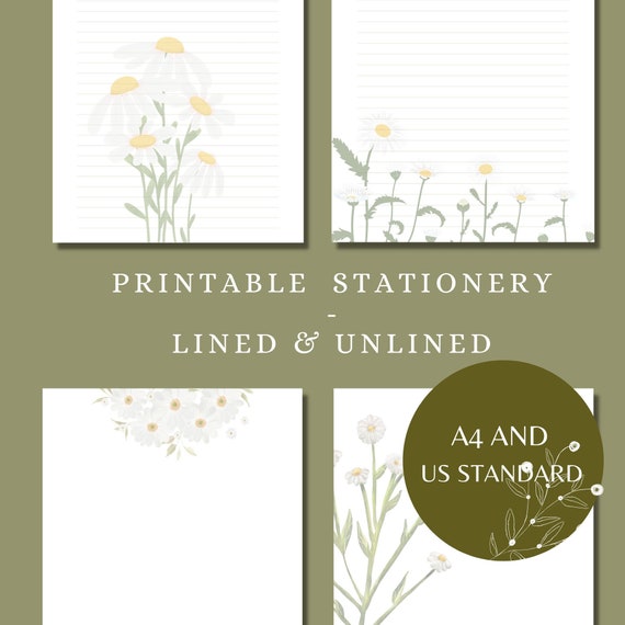 Sweet Daisies printable letter writing paper with cut-out stickers /Lined&Unlined / Digital download / A4 and US standard size