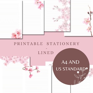 Papier à lettre imprimable Cherry Blossom avec autocollants découpés / Lined&Unlined / Téléchargement numérique / A4 et taille standard US