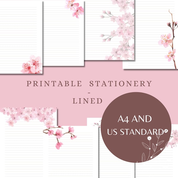 Cherry Blossom printable letter writing paper with cut-out stickers / Lined&Unlined / Digital download / A4 and US standard size