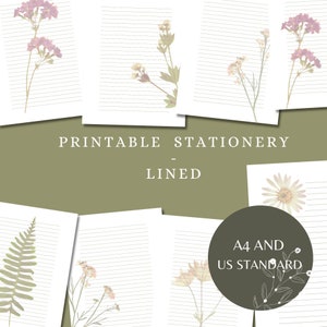 Pressed Flowers printable letter writing paper / Lined / Digital download / A4 and US standard size
