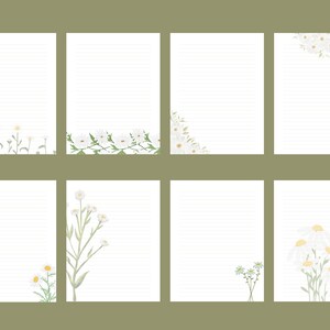 May include: Eight printable lined journal pages with white daisy flower illustrations. The pages have a white background with light gray lines.