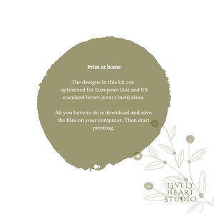 May include: A green watercolor circle with the text "Print at home" and instructions for printing designs in European A4 and US standard letter sizes (8.5x11 inches). The text is surrounded by a leafy branch with small circles.