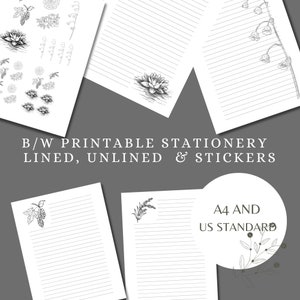 Papier à lettres imprimé à la maison de fleurs noires et blanches avec des autocollants découpés /Lined&Unlined / Téléchargement numérique / A4 et taille standard US
