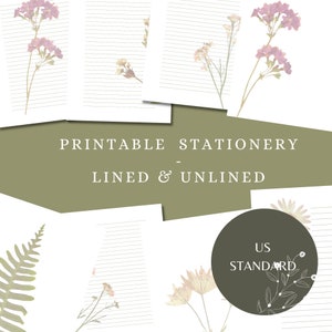 Pressed Flowers printable letter writing paper / Lined&Unlined / Digital download / US standard size