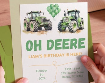 Könnte beinhalten: Eine grüne und gelbe Geburtstagseinladung mit einer Aquarell-Illustration von zwei grünen Traktoren und grünen Ballons. Der Text lautet "Oh Deere Liam's Birthday is Here!" mit Datum, Uhrzeit und Ort der Party.