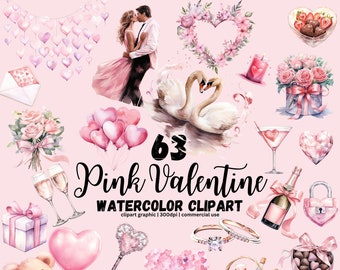 May include: A set of 63 pink watercolor Valentine's Day clipart images. The images include hearts, flowers, swans, champagne glasses, a teddy bear, a truck, a key, a ring, a lock, a gift box, a basket of flowers, a chocolate box, a milkshake, and more.