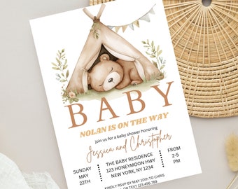 Invitación editable de baby shower de oso beige, linda invitación de peluche, oso pardo de género neutro, plantilla de ducha imprimible de oso oso, espera oso
