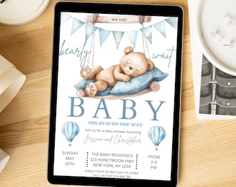 Editable Podemos esperar con paciencia Invitación al baby shower Osito de peluche durmiendo Lindo tema del osito de peluche invita a la plantilla Blue Teddy Babby Shower