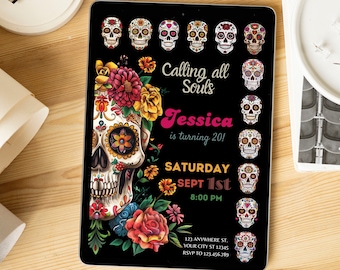 Day of the Dead Birthday Invite, Dia de los Muertos Birthday Invitation, Mexico Halloween Sugar Skull Party Invite, Fiesta Sugar Skull Party