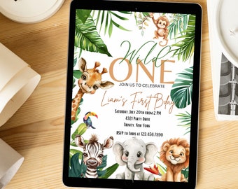 May include: A digital invitation for a first birthday party with a jungle theme. The invitation features a giraffe, zebra, elephant, lion, and monkey, all surrounded by green leaves. The text reads "Wild One, Join us to celebrate Liam's First Birthday, Saturday, July 20th from 2 PM, 4321 Party Drive, Trinity, New York, RSVP to Chris at 123.456.7890".