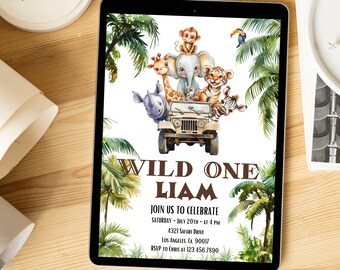 May include: A digital invitation for a first birthday party with a jungle theme. The invitation features a jeep with a giraffe, rhino, elephant, monkey, and tiger riding in it. The text reads "Wild One Liam" and includes the date, time, and location of the party. RSVP information is also included.