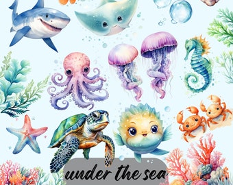Undersea watercolor clipart under the sea png nursery decor, baby wall art, cute ocean animals png, ocean baby shower underwater animals png