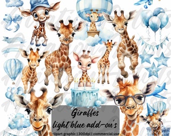 Puede incluir: Un conjunto de 24 ilustraciones de acuarela que representan jirafas en varias poses, incluyendo una jirafa con gafas, una jirafa en un globo aerostático y una jirafa con un pastel de cumpleaños. Las ilustraciones están en un esquema de color azul claro con estrellas y nubes.