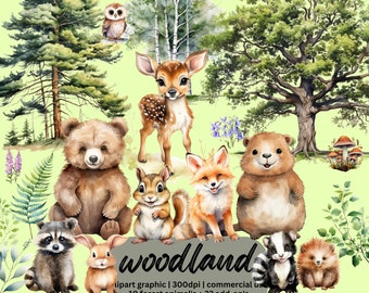 Watercolor Woodland animals clipart, forest animals png, woodland nursery decor, bear fox owl hedgehog deer woodland baby shower animals png