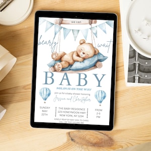 Editable We Can Bearly Wait Baby Shower Invitation Teddy Bear Sleeping Cute Teddy Bear Theme Invites Template Blue Teddy Babby Shower
