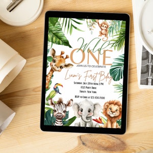Aquarell Wild One Geburtstag Junge Einladung, EDITIERBARE Safari Tiere Party Einladungs Vorlage, Dschungel Safari Thema Erster Geburtstag, 1.Geburtstag