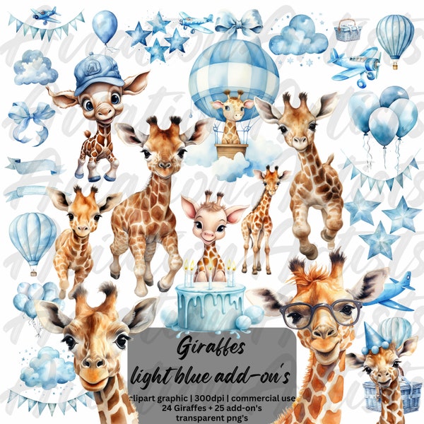 Watercolor Giraffe, Baby Giraffe Clipart, Watercolor Nursery Art, Baby Shower, Cute Safari Animals Birthday Decor, Giraffe hot air ballon