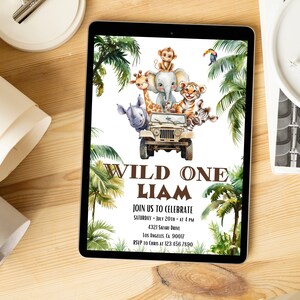 Wild One Birthday Boy Invitation, EDITABLE Safari Animals Party Invite Template, Jungle Safari Theme First Birthday Instant Download Waterco
