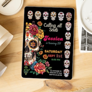 Convite de aniversário do Dia dos Mortos, convite de aniversário do Dia de los Muertos, convite para festa de caveira de açúcar de Halloween do México, festa de caveira de açúcar Fiesta