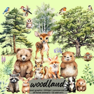 Clipart animaux de la forêt aquarelle, png animaux de la forêt, décoration de chambre d'enfant des bois, ours renard hibou hérisson cerf animaux de baby shower des bois png