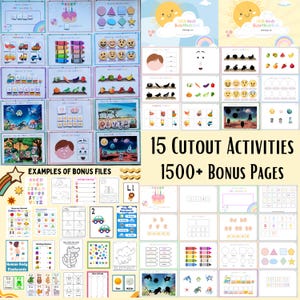 Könnte beinhalten: Eine Sammlung von Lernaktivitäten zum Ausschneiden für Kinder. Das Bild zeigt verschiedene Lernhilfen, darunter Formen zuordnen, Zahlen erkennen und Zuordnungsspiele. Der Text "15 Cutout Activities 1500+ Bonus Pages" ist sichtbar.
