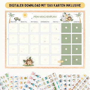 May include: A printable weekly planner with a jungle animal theme. The planner has a grid of 28 squares with a circle in each square. The squares are labeled with the days of the week: Monday, Tuesday, Wednesday, Thursday, Friday, Saturday, and Sunday. The planner also includes a title that says "Mein Wochenplan" and a small image of a safari jeep. There are 1365 cards included.