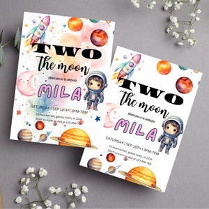 2x Two The Moon invitation, Space Invitation GIRL, Astronaut GIRL Invite, Outer Space 2nd Birthday, Galaxy Blast Off pink astronaut EDITABLE