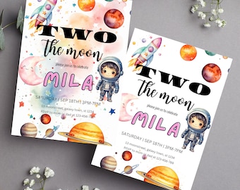 2x Two The Moon invitation, Space Invitation GIRL, Astronaut GIRL Invite, Outer Space 2nd Birthday, Galaxy Blast Off pink astronaut EDITABLE