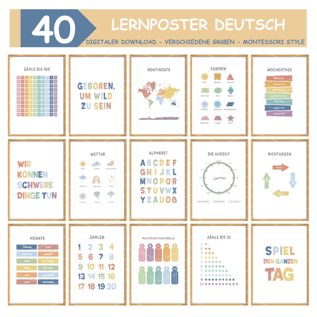 40 Deutsche Lernposter, Montessori Lernposter Set, Lernposter