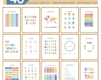 40 Deutsche Lernposter, Montessori Lernposter Set, Lernposter Kinderzimmer, Kinderzimmer Poster A3, Klassenzimmer Poster, Lernposter digital