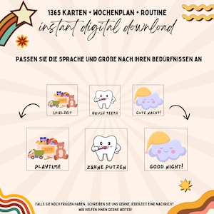 Puede incluir: Un conjunto de tarjetas imprimibles para ni&ntilde;os con ilustraciones de tiempo de juego, cepillado de dientes y hora de acostarse. Las tarjetas est&aacute;n en alem&aacute;n e ingl&eacute;s e incluyen el texto "1365 Karten + Wochenplan + Routine instant digital download".