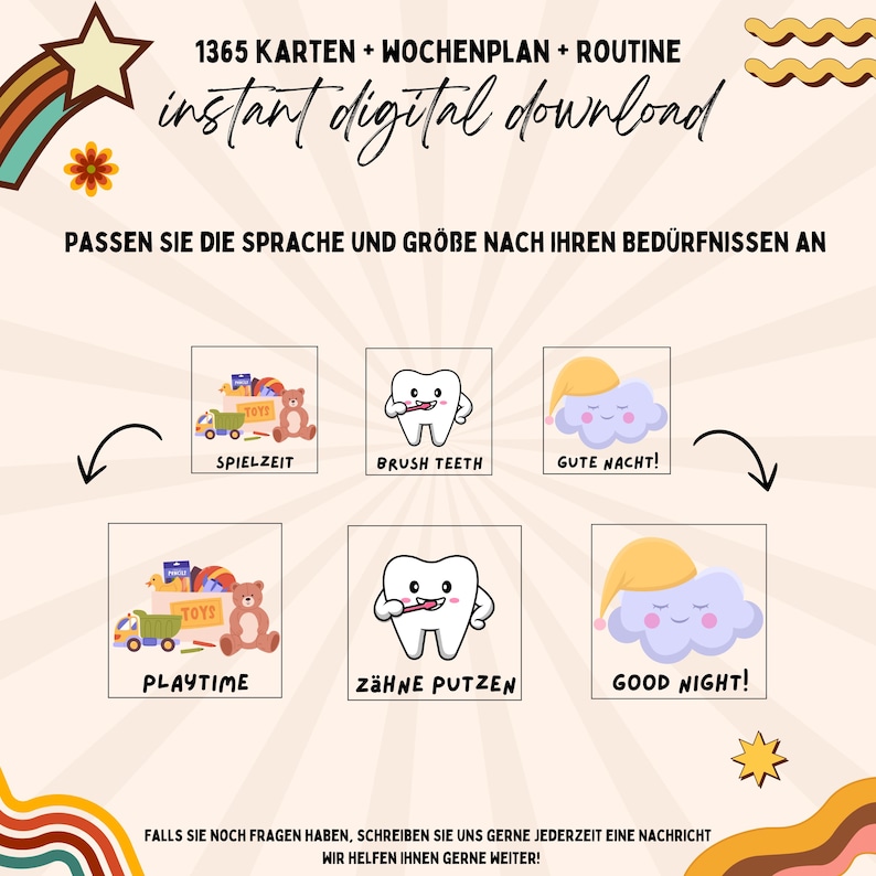 Puede incluir: Un conjunto de tarjetas imprimibles para ni&ntilde;os con ilustraciones de tiempo de juego, cepillado de dientes y hora de acostarse. Las tarjetas est&aacute;n en alem&aacute;n e ingl&eacute;s e incluyen el texto "1365 Karten + Wochenplan + Routine instant digital download".