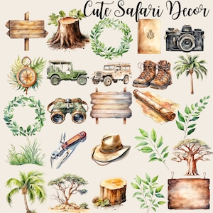 May include: A set of watercolor illustrations featuring safari-themed elements, including a compass, binoculars, a jeep, a palm tree, a hat, a wooden sign, a tree stump, and a leafy branch. The illustrations are perfect for adding a touch of adventure to your crafts and projects.