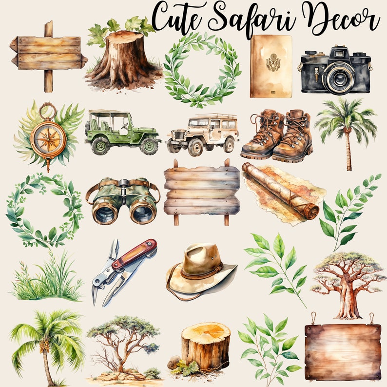 May include: A set of watercolor illustrations featuring safari-themed elements, including a compass, binoculars, a jeep, a palm tree, a hat, a wooden sign, a tree stump, and a leafy branch. The illustrations are perfect for adding a touch of adventure to your crafts and projects.