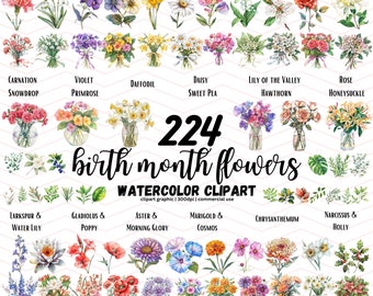 Birthflower Clipart, Birth Month Flower Clipart, Birth Flower PNG, Birthmonth Flowers Clipart,  Birthmonth Clipart, Watercolor Birth Month