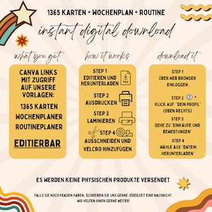 Puede incluir: Un gr&aacute;fico amarillo y naranja con el texto "1365 KARTEN + WOCHENPLAN + ROUTINE instant digital download" e instrucciones sobre c&oacute;mo descargar y usar los enlaces de Canva con acceso a 1365 tarjetas, un planificador semanal y plantillas de planificador de rutina. El texto "EDITIERBAR" est&aacute; resaltado en amarillo.
