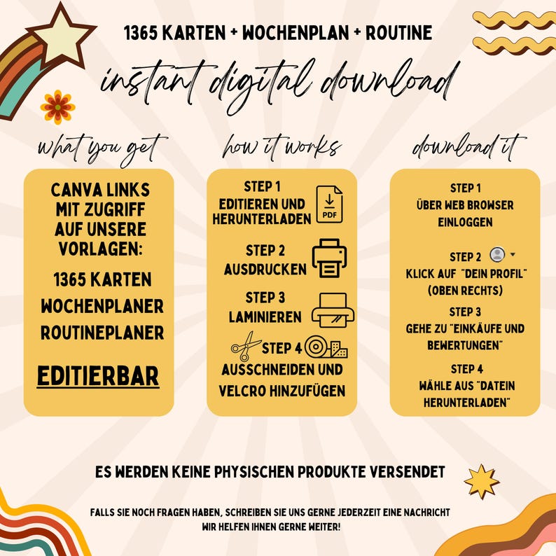 Puede incluir: Un gr&aacute;fico amarillo y naranja con el texto "1365 KARTEN + WOCHENPLAN + ROUTINE instant digital download" e instrucciones sobre c&oacute;mo descargar y usar los enlaces de Canva con acceso a 1365 tarjetas, un planificador semanal y plantillas de planificador de rutina. El texto "EDITIERBAR" est&aacute; resaltado en amarillo.