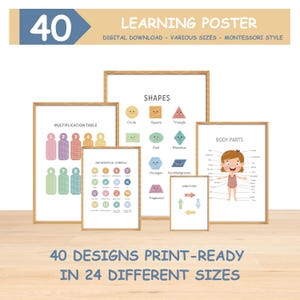 Juego de 40 carteles educativos, imprimibles para la escuela en casa, carteles del alfabeto, impresiones para la sala de juegos, decoración del aula Montessori, juego de carteles de aprendizaje