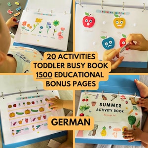 Może przedstawiać: Kolorowa książka z aktywnościami dla małych dzieci z 20 aktywnościami i 1500 dodatkowymi stronami edukacyjnymi. Książka zawiera strony z aktywnościami, takimi jak dopasowywanie kolorów, rozpoznawanie emocji i uczenie się wzorów. Książka jest oznaczona jako "Summer Activity Book" i "German".